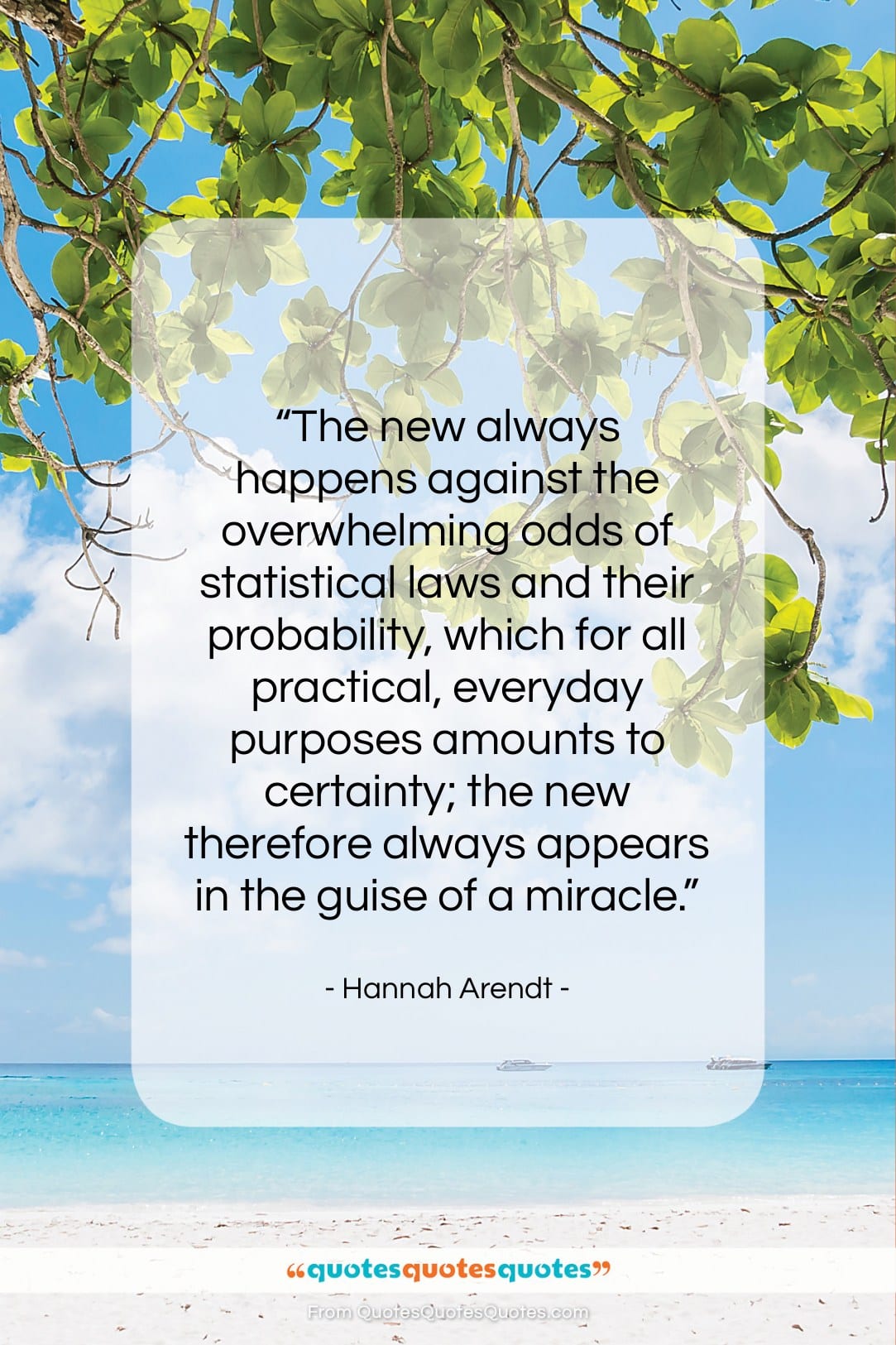Hannah Arendt quote: “The new always happens against the overwhelming…”- at QuotesQuotesQuotes.com