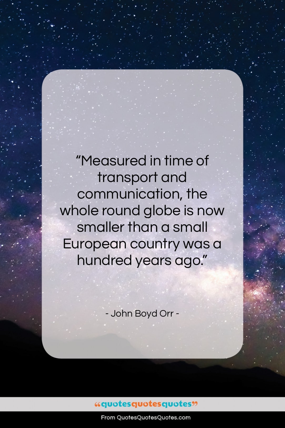 John Boyd Orr quote: “Measured in time of transport and communication,…”- at QuotesQuotesQuotes.com